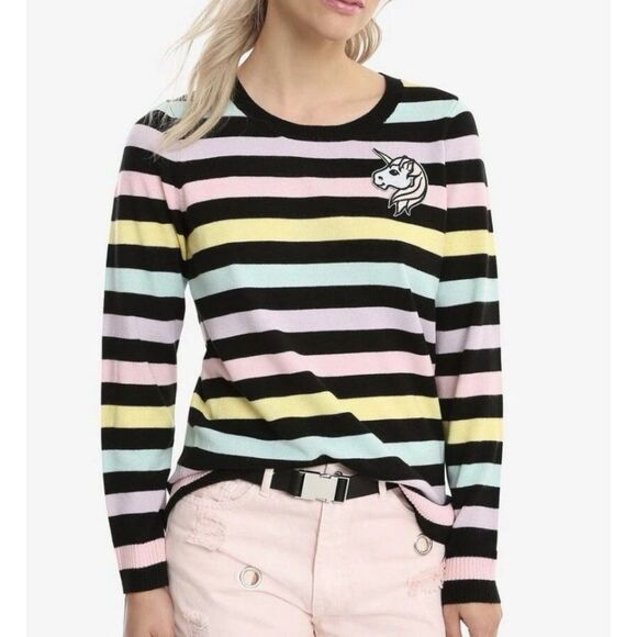 HOT TOPIC Colorful Stripe Sz XL Casual Wear Stretchy Lightweight Unicorn Sweater - Picture 2 of 5